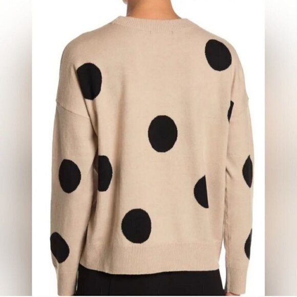 T Tahari Long Sleeve Crewneck Pullover Khaki Black Polka Dot Sweater Size XL - Picture 2 of 8